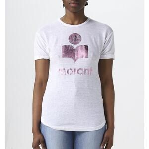 ISABEL MARANT ÉTOILE Koldi White Linen Pink Metallic Logo Shirt Top Size XS